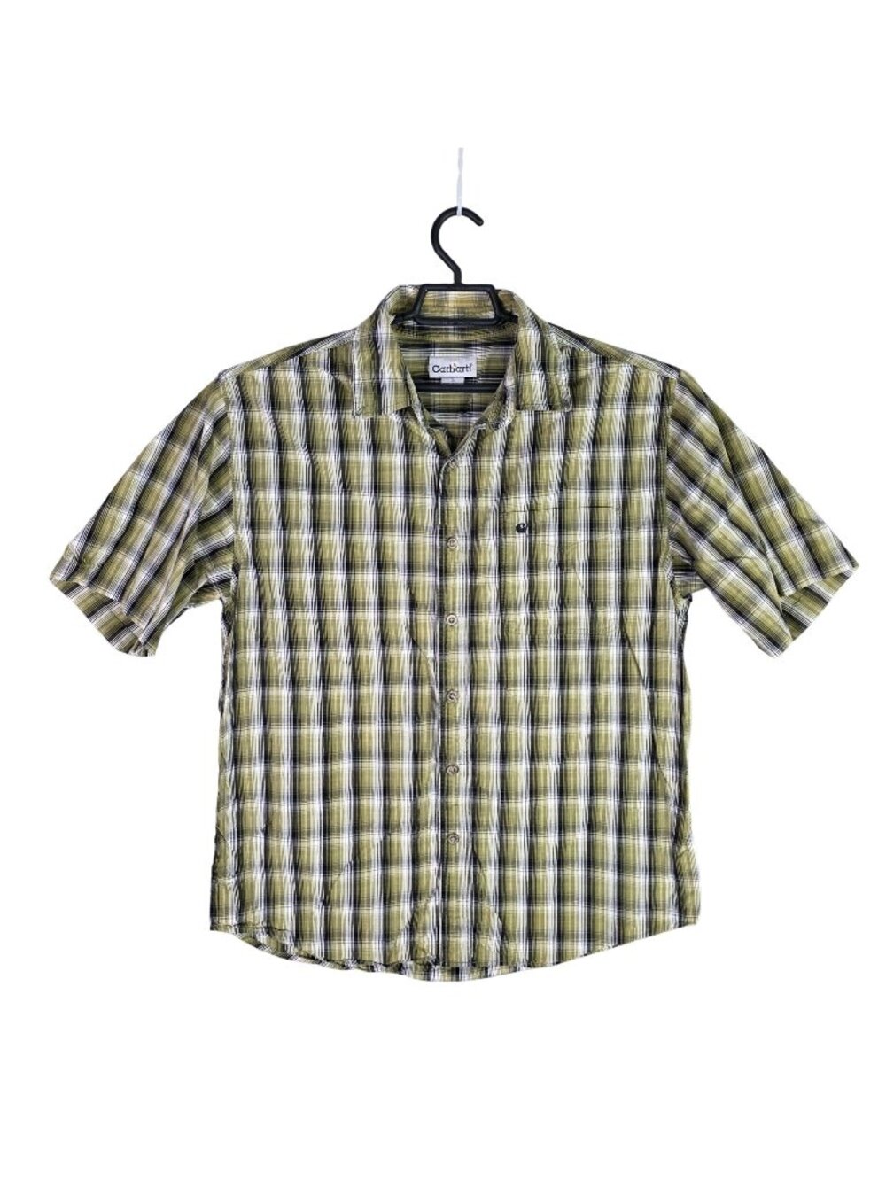 Mens Carhartt Green & Black Plaid Button Up Shirt Short Sleeve Cotton Size L